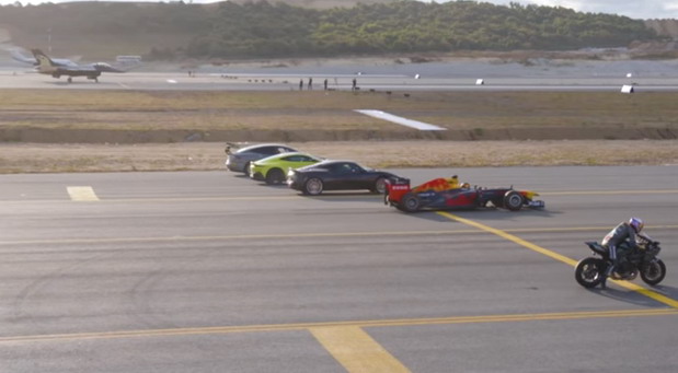 Tesla Model S, tri sportska automobila, Red Bull Formula 1, Kawasaki H2R, borbeni i putnički avion Tesla Model S, tri sportska automobila, Red Bull Formula 1, Kawasaki H2R, borbeni i putnički avion